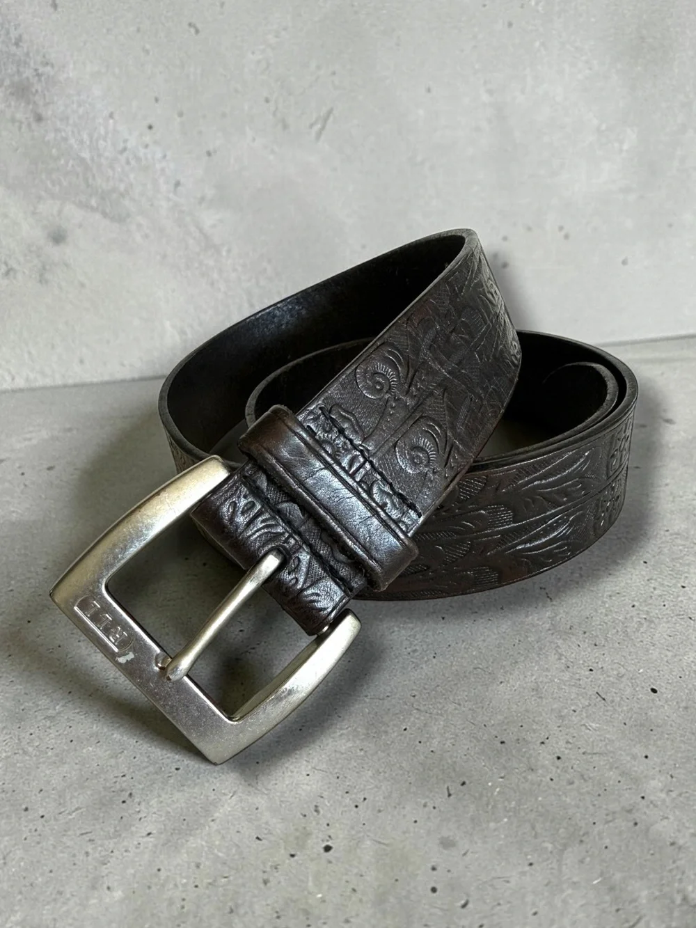 LAUREN RALPH LAUREN Floral Embossed Genuine Leather Black Belt Size XL